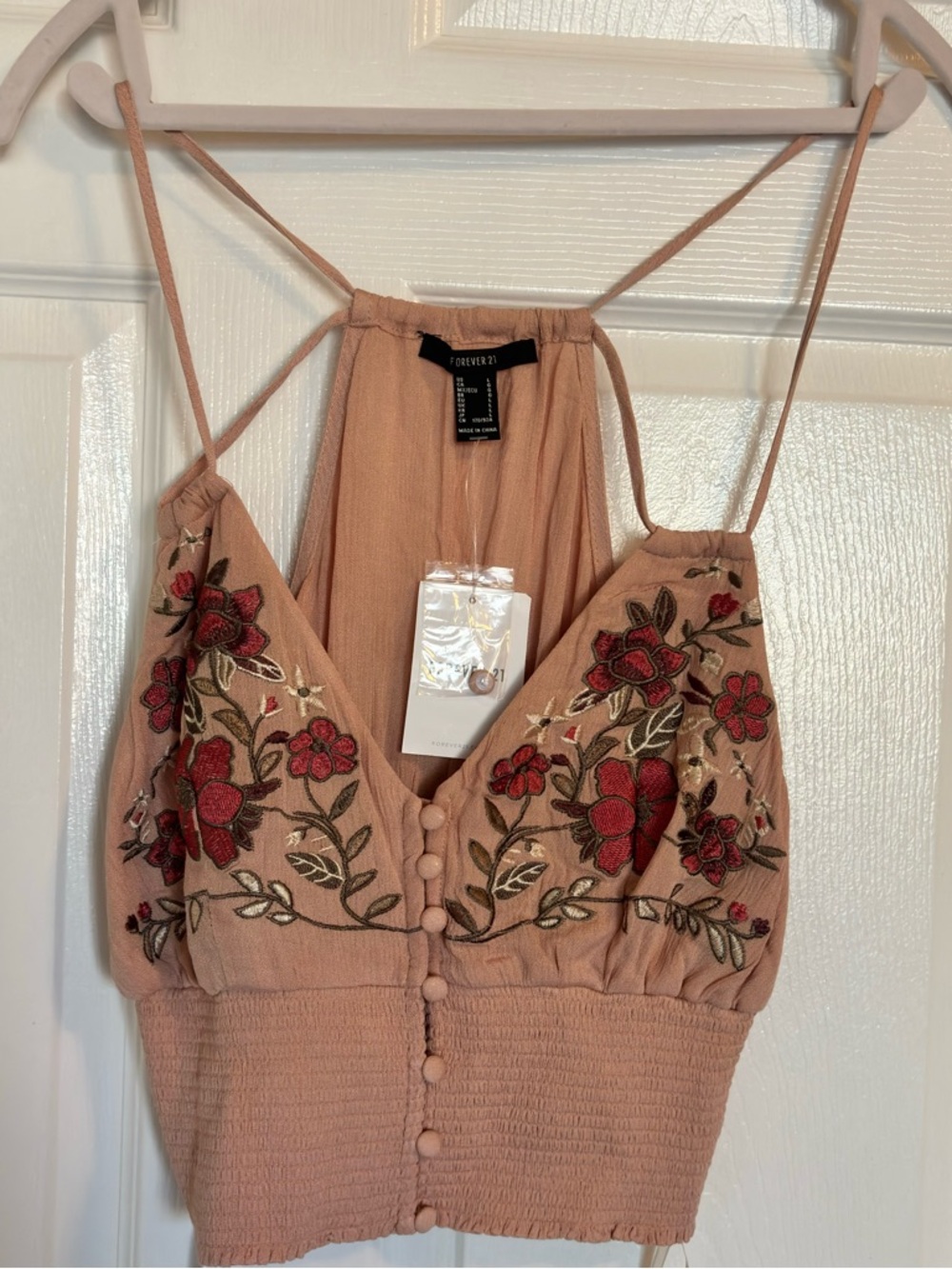 NWT Forever 21 Floral Embroidered Crop Top Smocked Button Front Halter Camisole